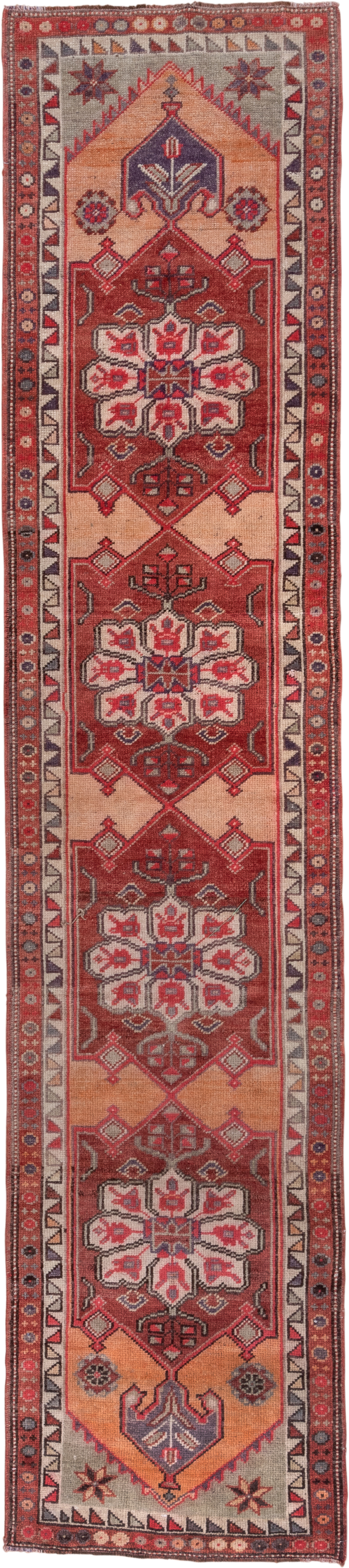 3' x 13' one-of-a-kind handmade vintage Oushak runner rug. Color palette: rust, peach, ivory, brick, slate, charcoal, rose