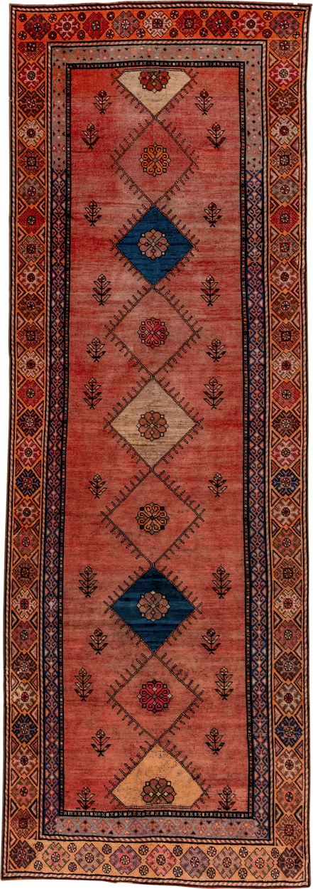 4' x 12' one-of-a-kind handmade vintage Oushak runner rug. Color palette: terra cotta, rust, navy, ivory, rose, camel