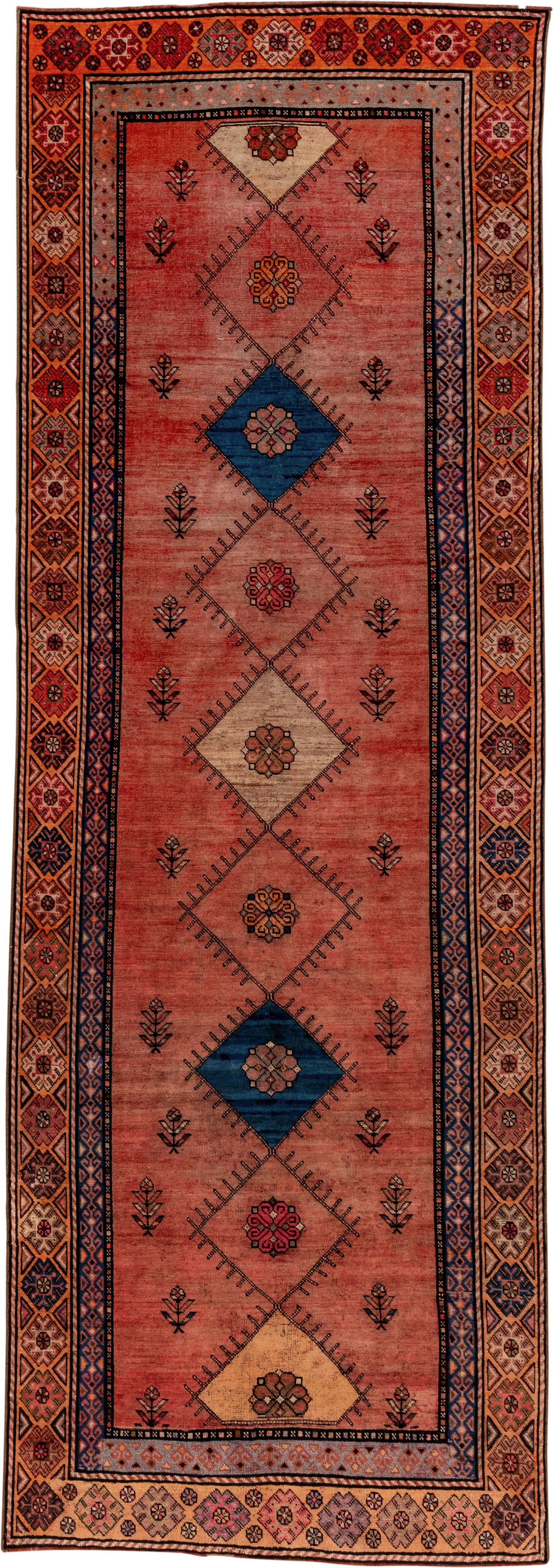 4' x 12' one-of-a-kind handmade vintage Oushak runner rug. Color palette: terra cotta, rust, navy, ivory, rose, camel