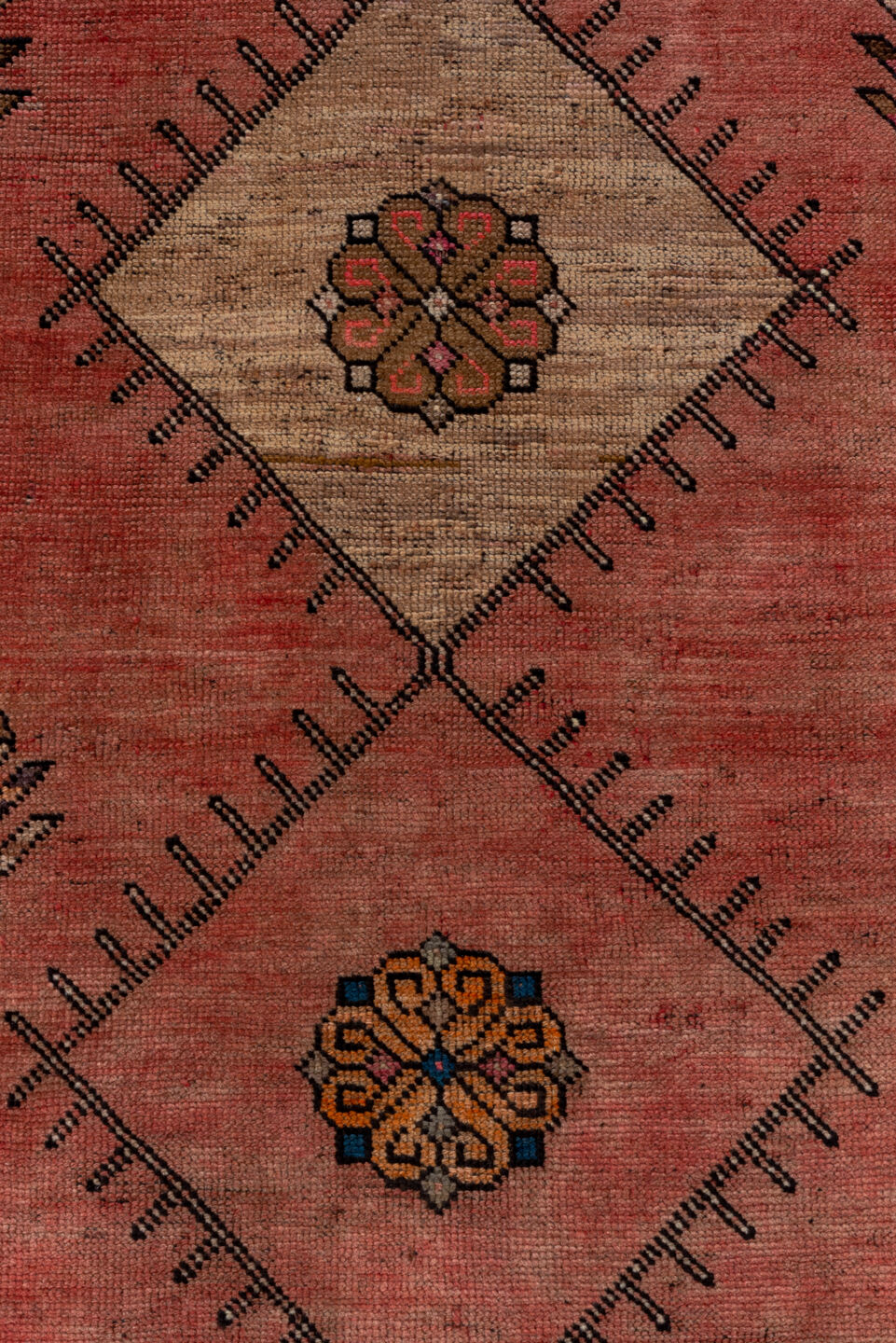 4' x 12' one-of-a-kind handmade vintage Oushak runner rug. Color palette: terra cotta, rust, navy, ivory, rose, camel