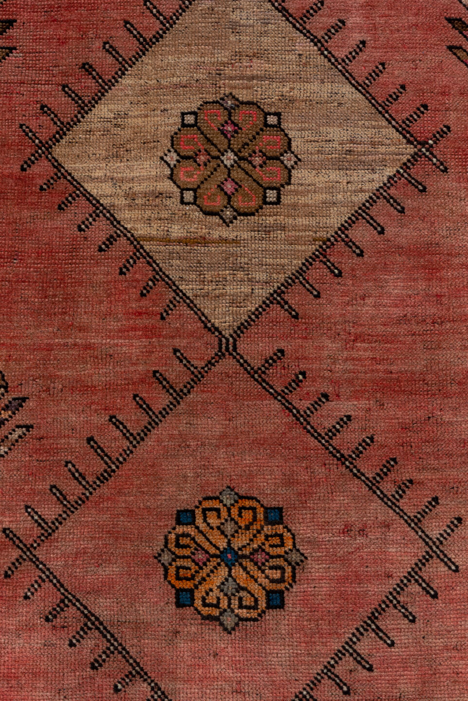 4' x 12' one-of-a-kind handmade vintage Oushak runner rug. Color palette: terra cotta, rust, navy, ivory, rose, camel