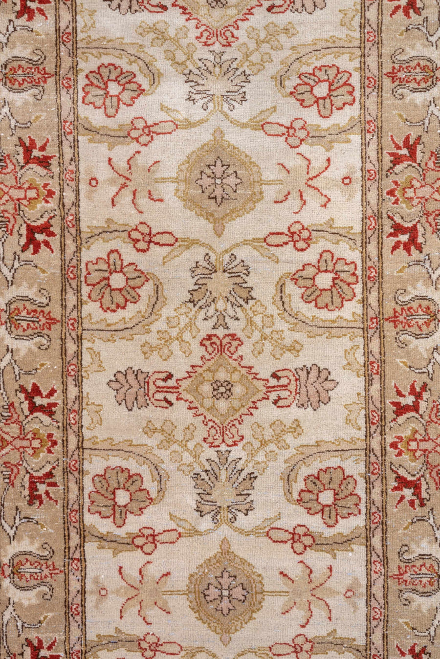 2' x 10' one-of-a-kind handmade vintage Tabriz runner rug. Color palette: ivory, taupe, beige, rust, camel, sage, gray