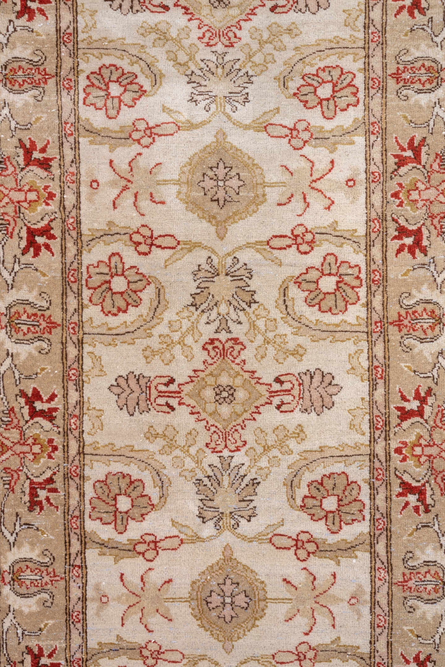 2' x 10' one-of-a-kind handmade vintage Tabriz runner rug. Color palette: ivory, taupe, beige, rust, camel, sage, gray