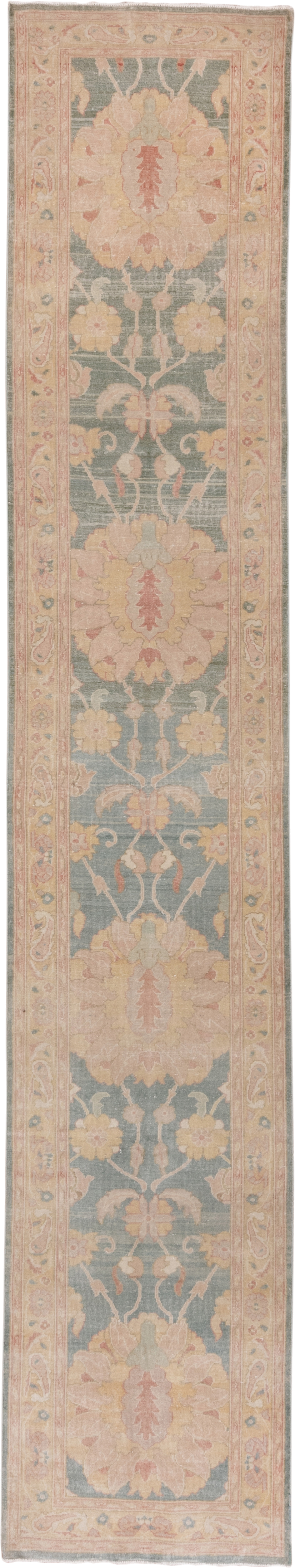 2' x 13' one-of-a-kind handmade vintage Mahal runner rug. Color palette: sage, blush, ivory, peach, taupe, rose, gold, green
