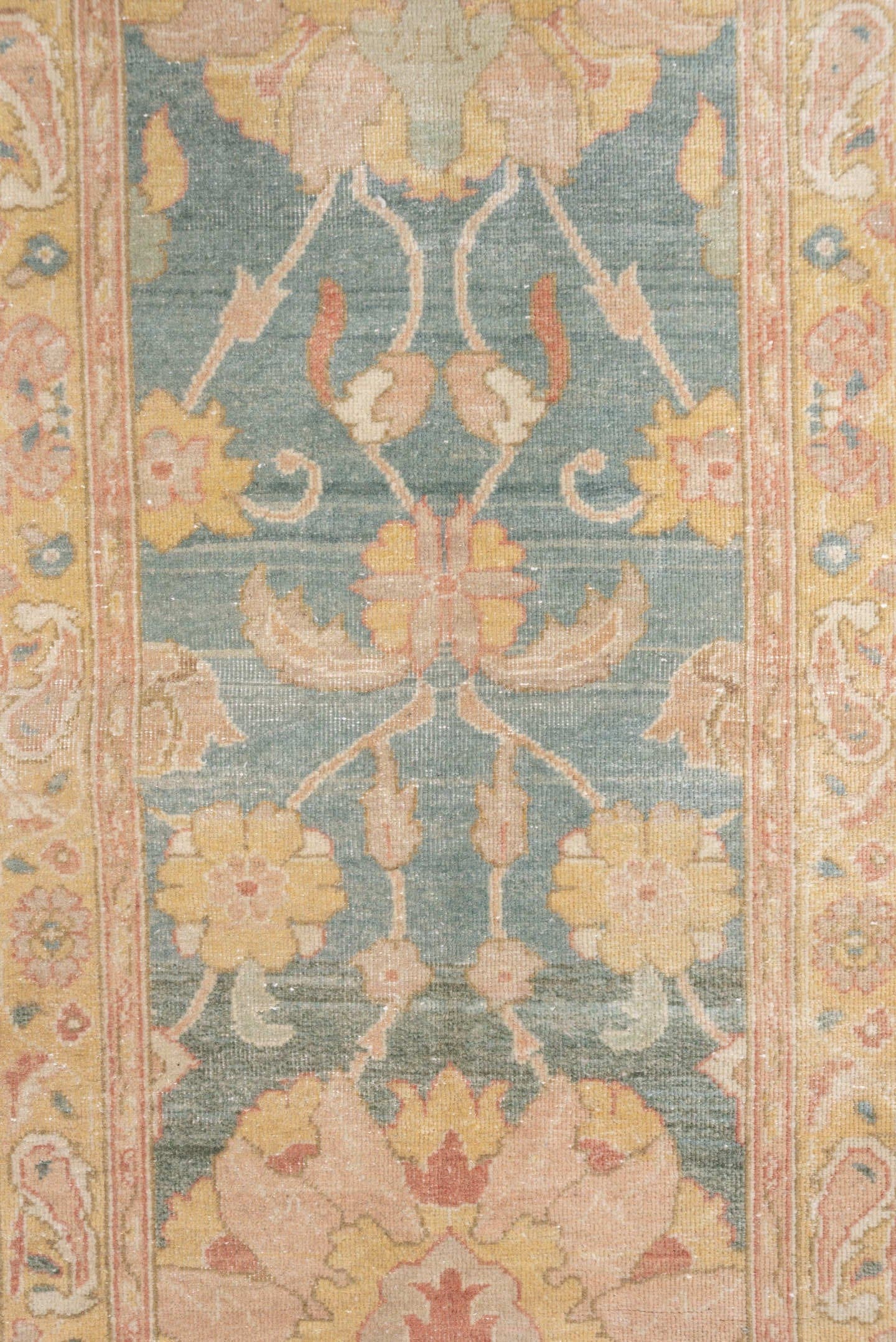 2' x 13' one-of-a-kind handmade vintage Mahal runner rug. Color palette: sage, blush, ivory, peach, taupe, rose, gold, green