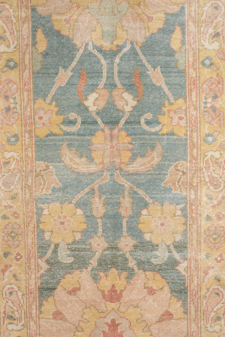 2' x 13' one-of-a-kind handmade vintage Mahal runner rug. Color palette: sage, blush, ivory, peach, taupe, rose, gold, green