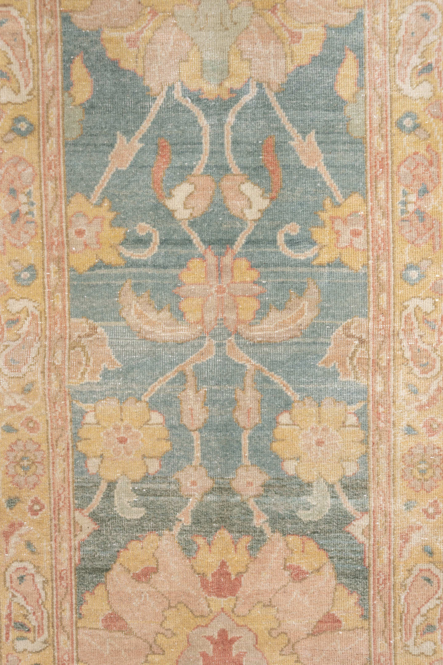 2' x 13' one-of-a-kind handmade vintage Mahal runner rug. Color palette: sage, blush, ivory, peach, taupe, rose, gold, green