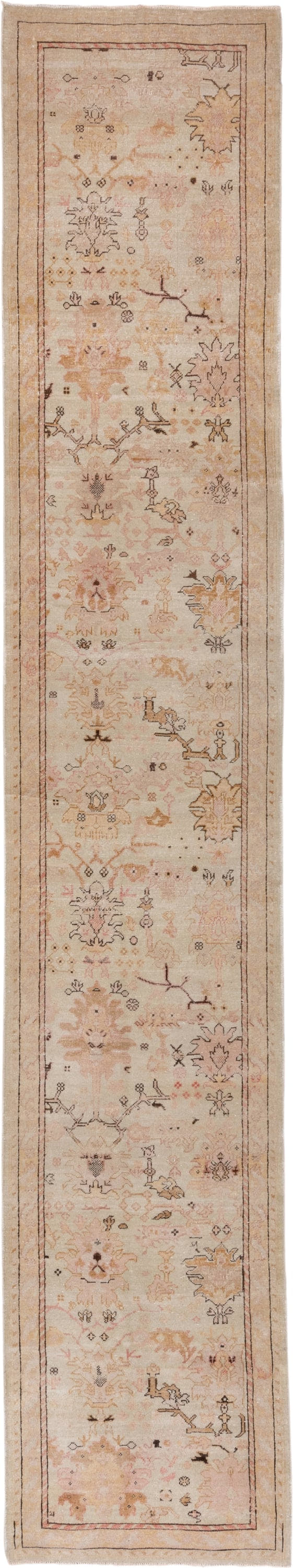 2' x 13' one-of-a-kind handmade vintage Sivas runner rug. Color palette: ivory, blush, beige, taupe, camel, rose, brown