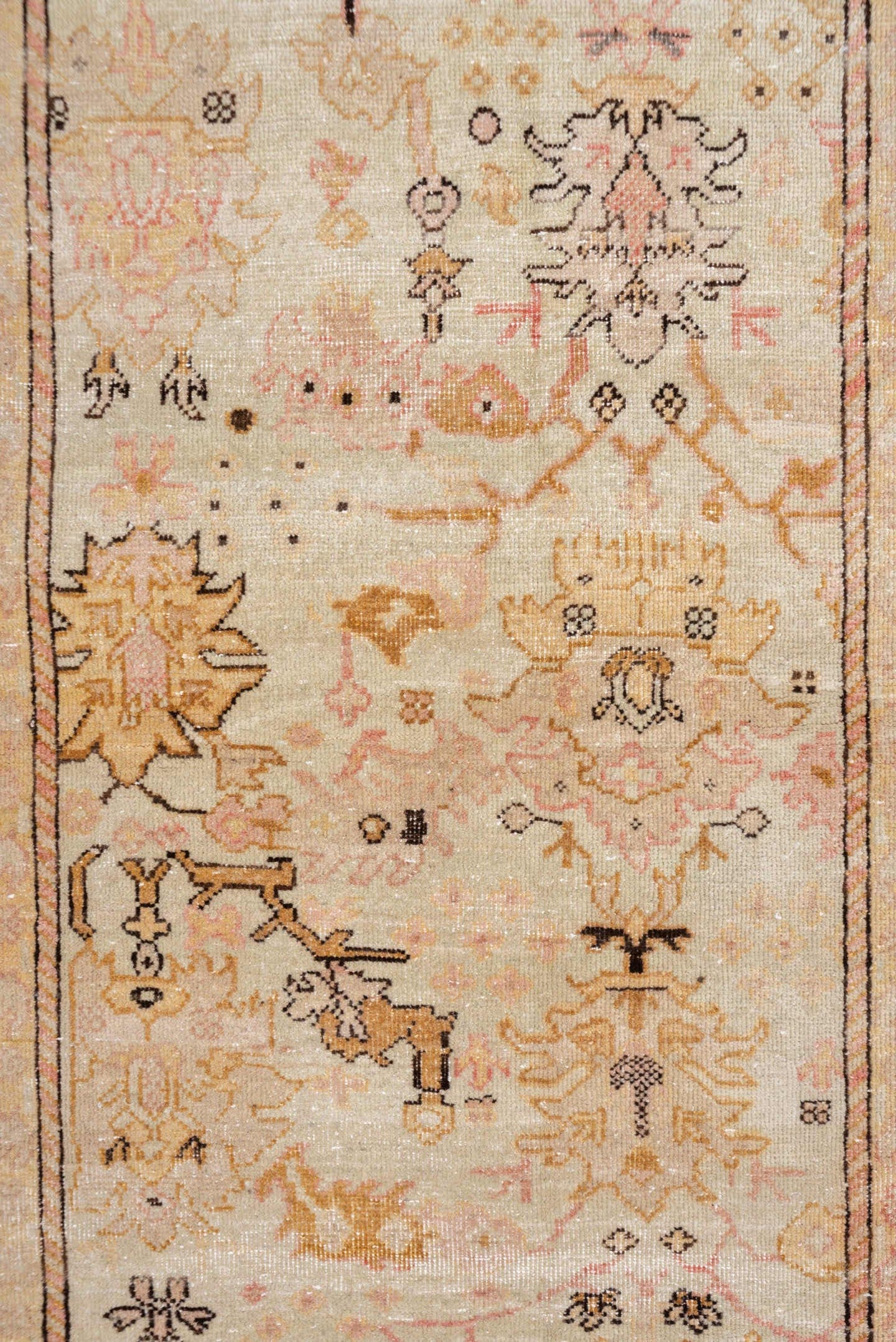 2' x 13' one-of-a-kind handmade vintage Sivas runner rug. Color palette: ivory, blush, beige, taupe, camel, rose, brown