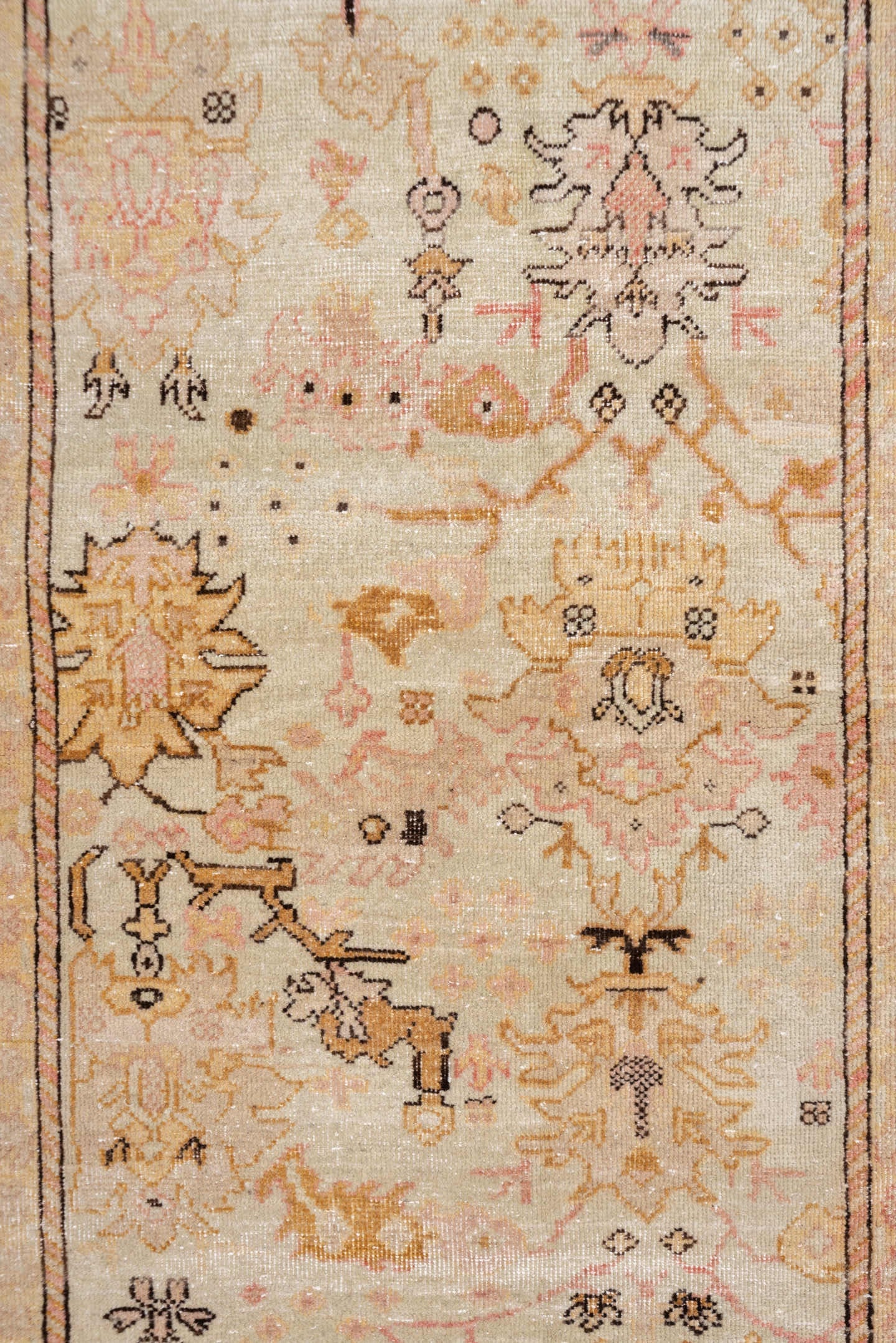 2' x 13' one-of-a-kind handmade vintage Sivas runner rug. Color palette: ivory, blush, beige, taupe, camel, rose, brown