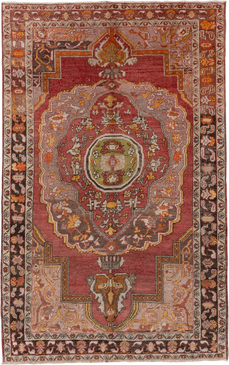 5' x 8' one-of-a-kind handmade vintage Oushak medium size rug. Color palette: rose, charcoal, lavender, ivory, gold, rust