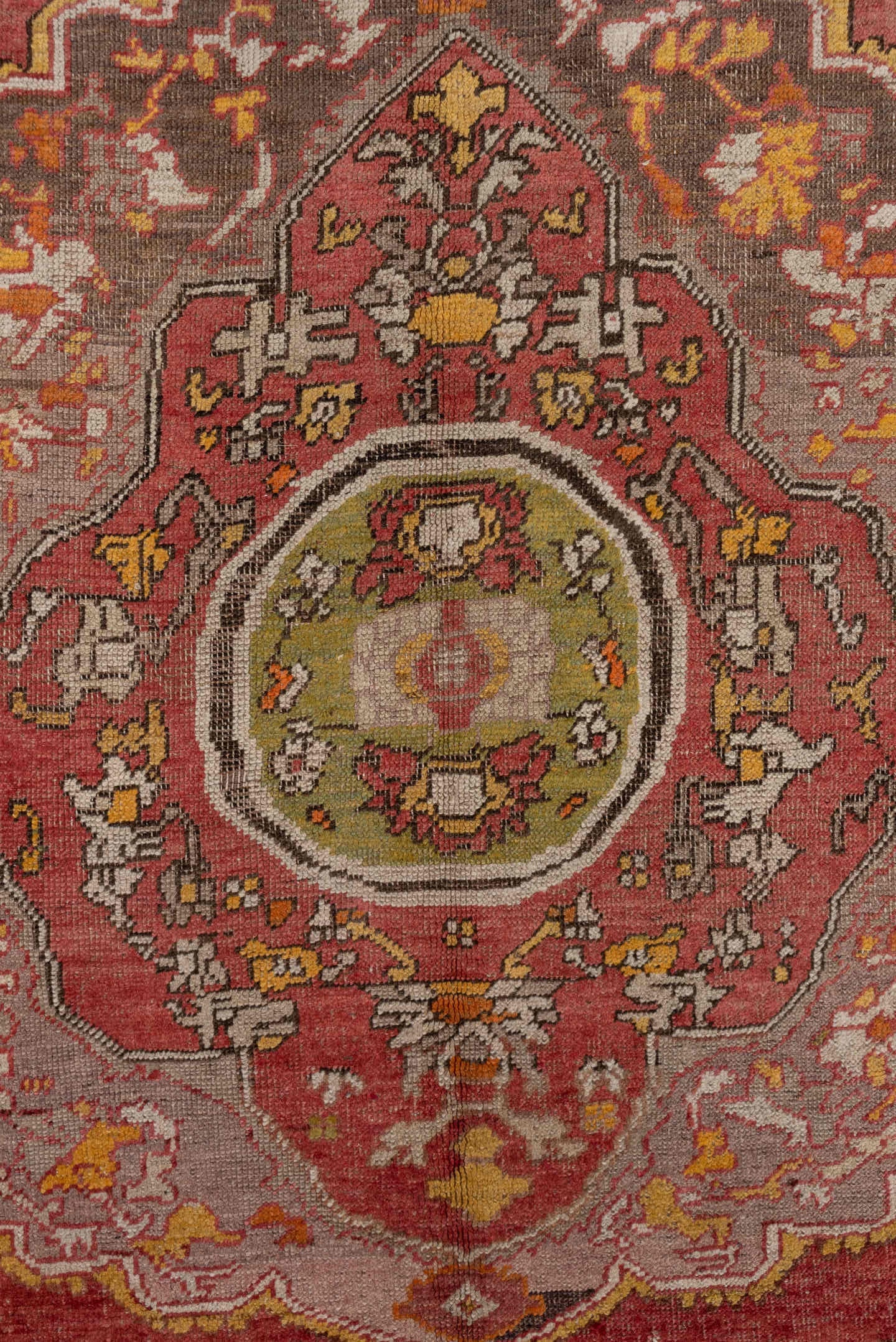 5' x 8' one-of-a-kind handmade vintage Oushak medium size rug. Color palette: rose, charcoal, lavender, ivory, gold, rust