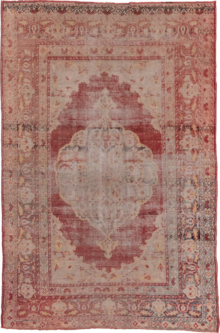 5' x 9' one-of-a-kind handmade vintage Oushak medium size rug. Color palette: rose, ivory, blush, terra cotta, dusty pink