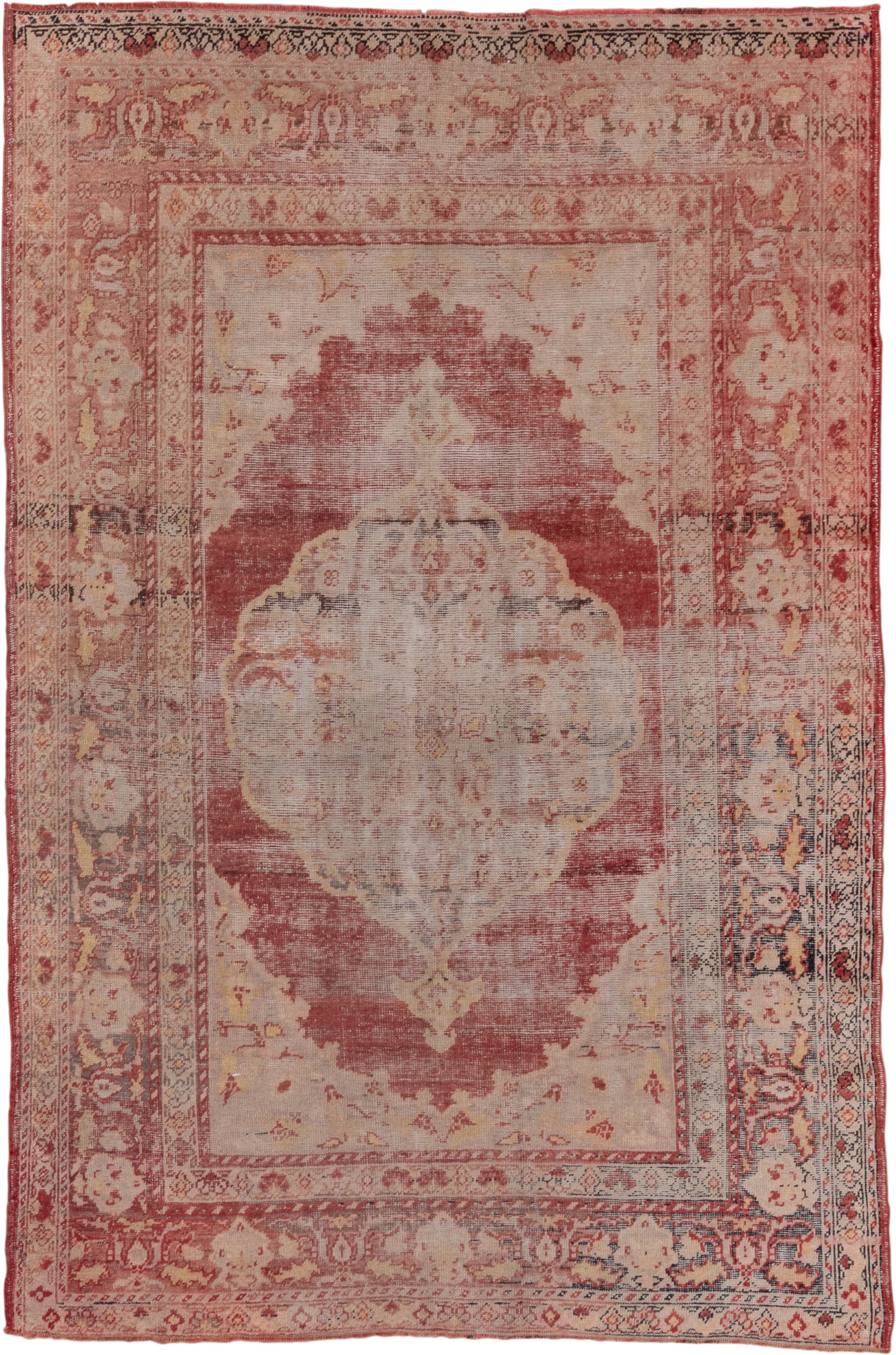 5' x 9' one-of-a-kind handmade vintage Oushak medium size rug. Color palette: rose, ivory, blush, terra cotta, dusty pink