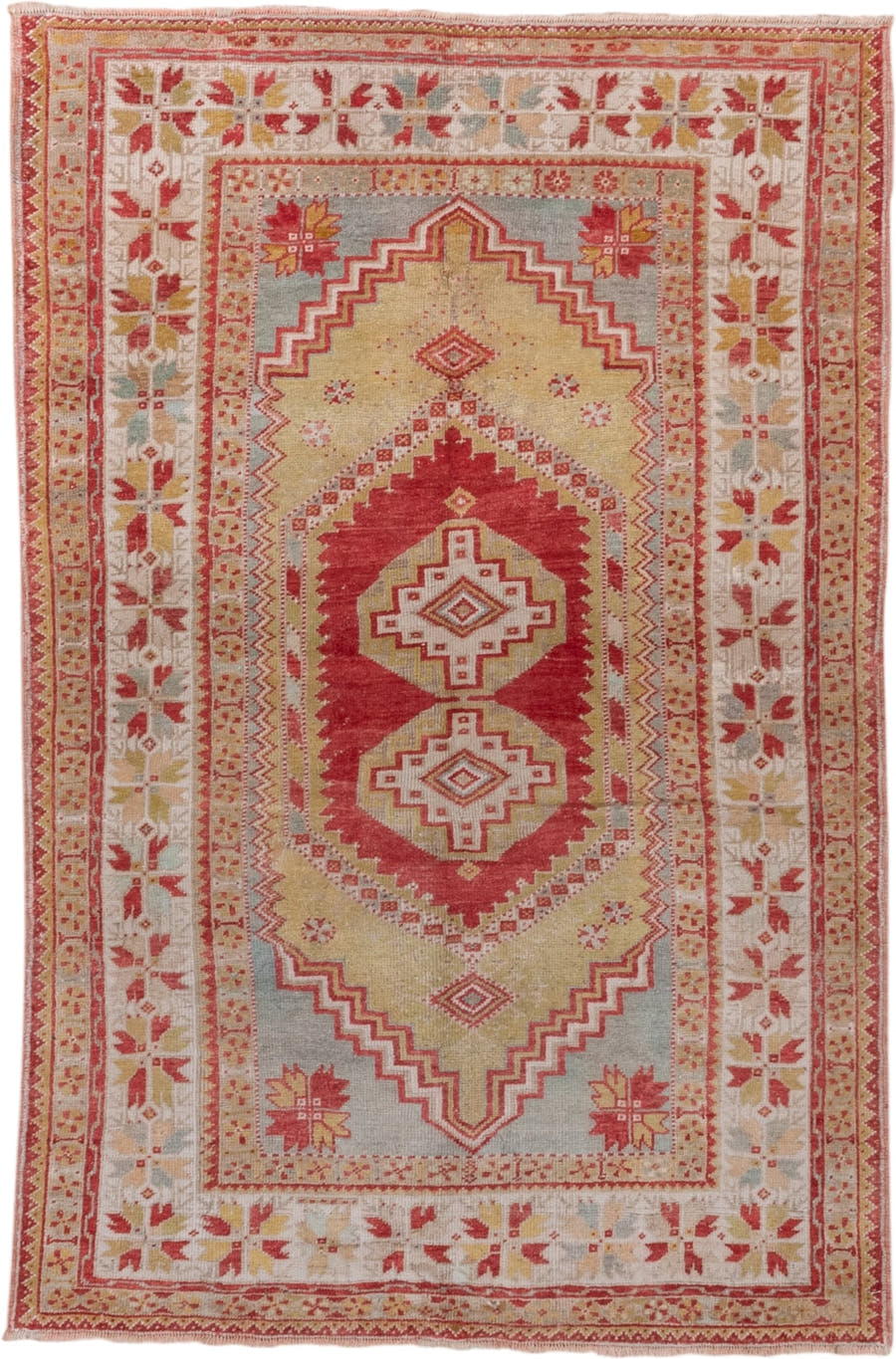 3' x 5' one-of-a-kind handmade vintage Oushak small size rug. Color palette: coral, ivory, gold, pale blue, saffron, rose