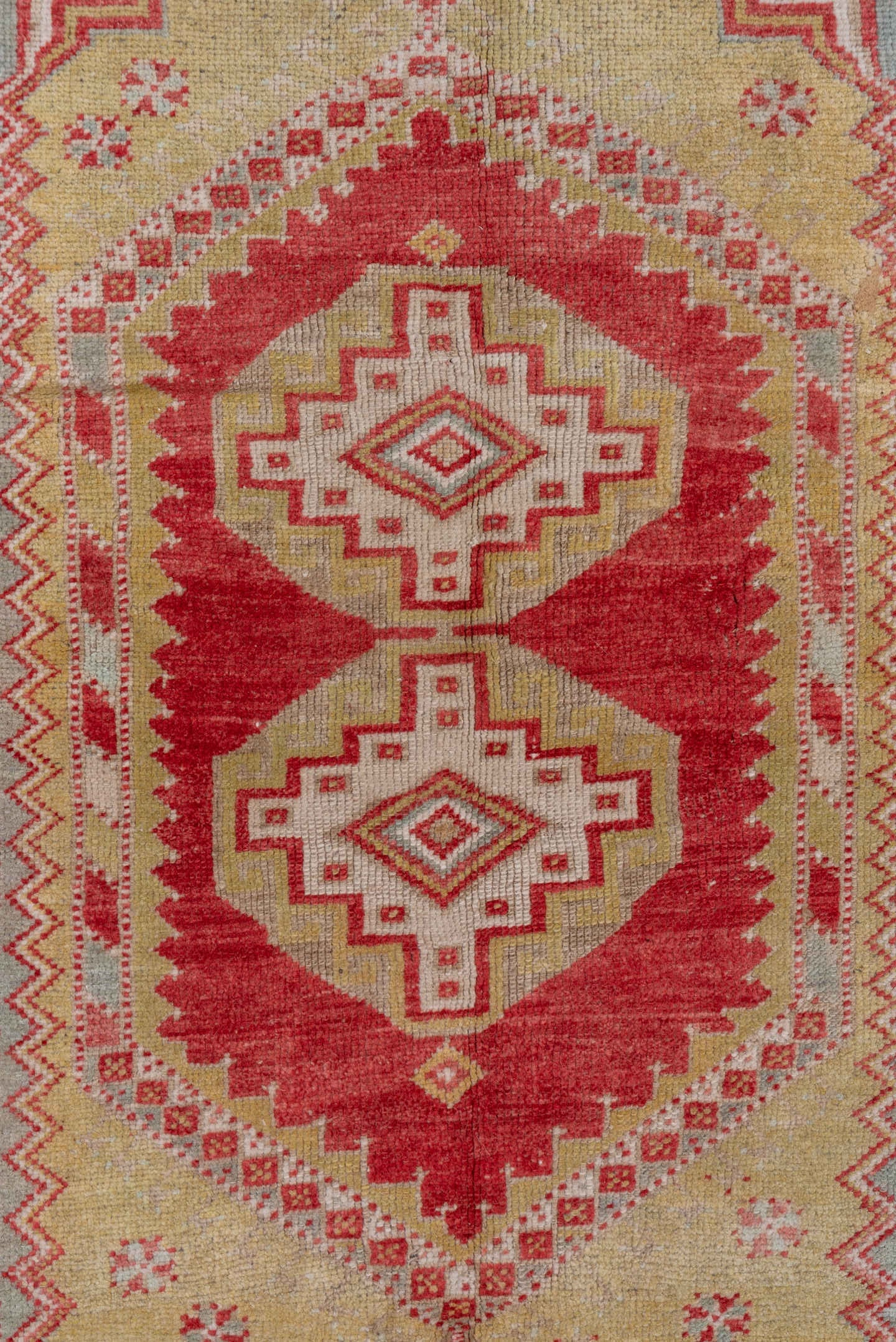 3' x 5' one-of-a-kind handmade vintage Oushak small size rug. Color palette: coral, ivory, gold, pale blue, saffron, rose