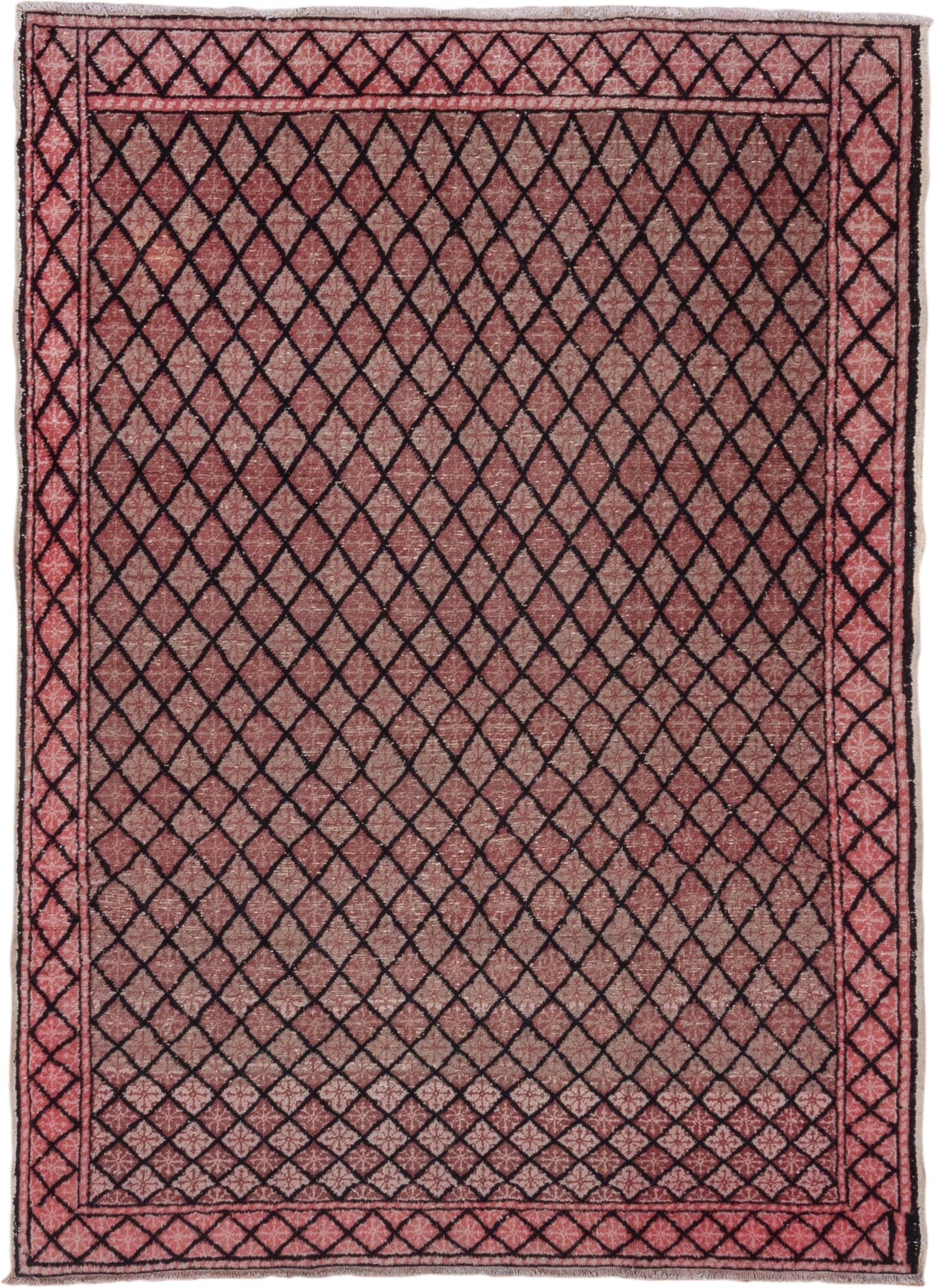 4' x 6' one-of-a-kind handmade vintage Oushak small size rug. Color palette: rose, charcoal, dusty pink, mauve, pink, red