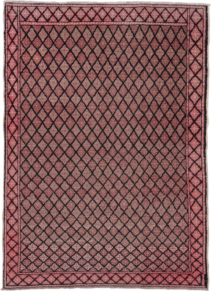 4' x 6' one-of-a-kind handmade vintage Oushak small size rug. Color palette: rose, charcoal, dusty pink, mauve, pink, red