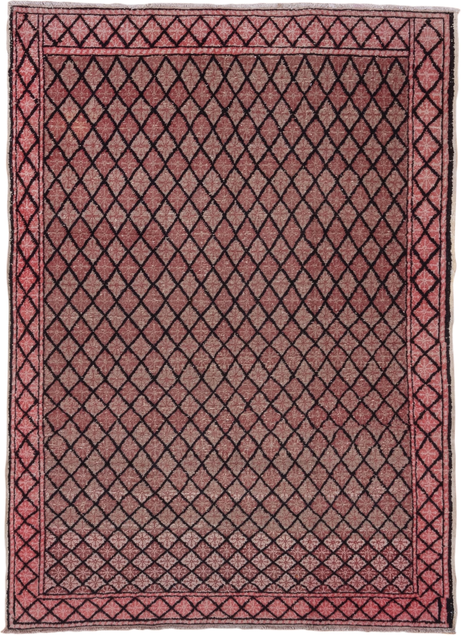4' x 6' one-of-a-kind handmade vintage Oushak small size rug. Color palette: rose, charcoal, dusty pink, mauve, pink, red