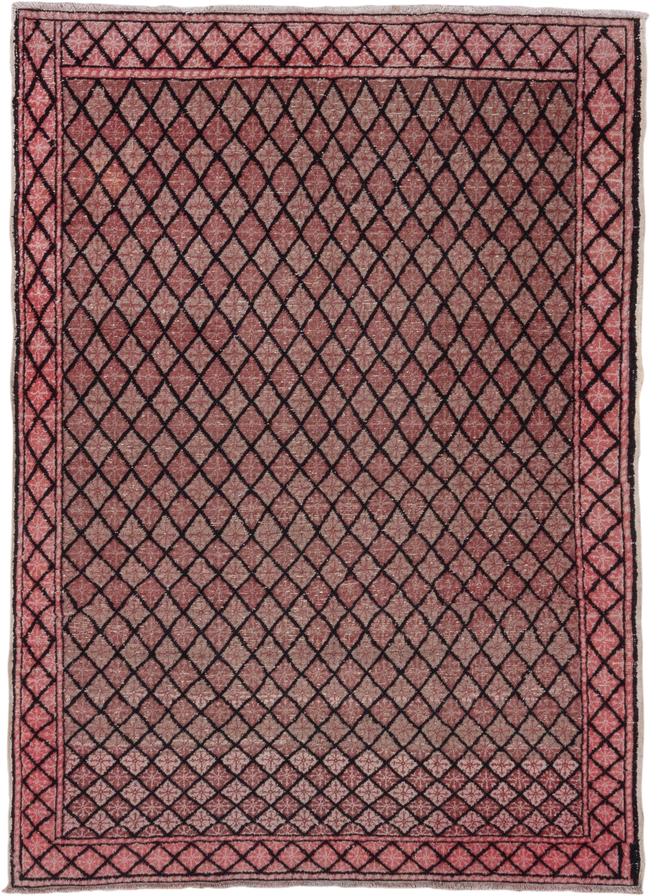 4' x 6' one-of-a-kind handmade vintage Oushak small size rug. Color palette: rose, charcoal, dusty pink, mauve, pink, red
