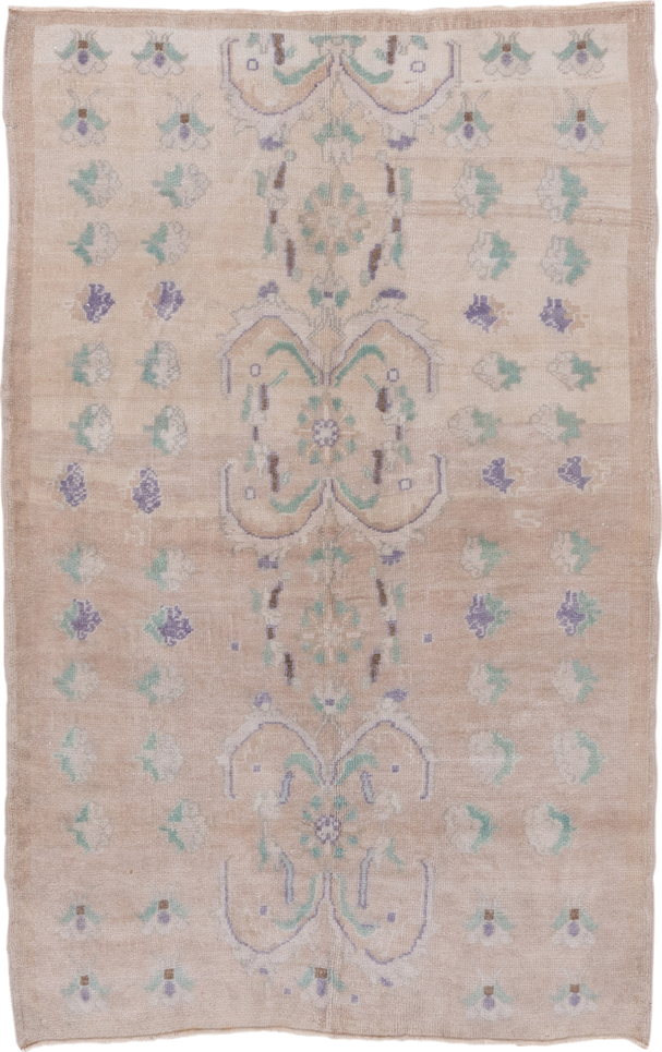 4' x 7' one-of-a-kind handmade vintage Oushak rug. Color palette: blush, ivory, mint, lavender, taupe, sage, pink, green