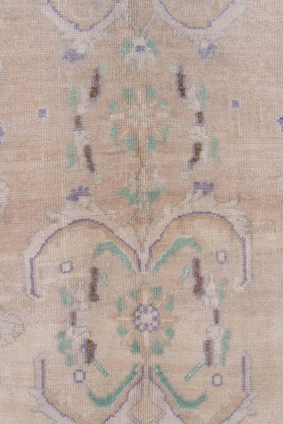 4' x 7' one-of-a-kind handmade vintage Oushak rug. Color palette: blush, ivory, mint, lavender, taupe, sage, pink, green