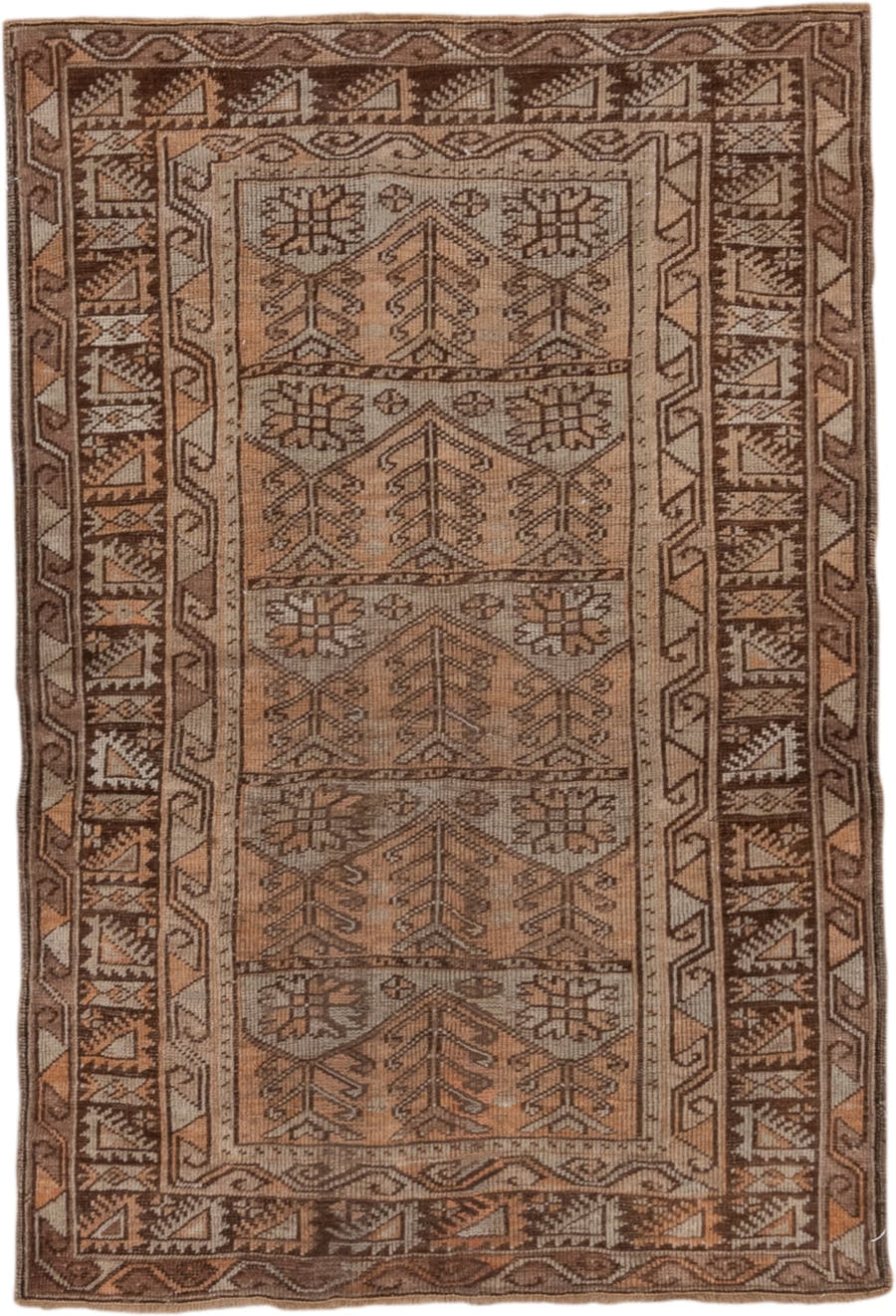 3' x 4' one-of-a-kind handmade vintage Oushak small size rug. Color palette: taupe, brown, camel, ivory, terra cotta