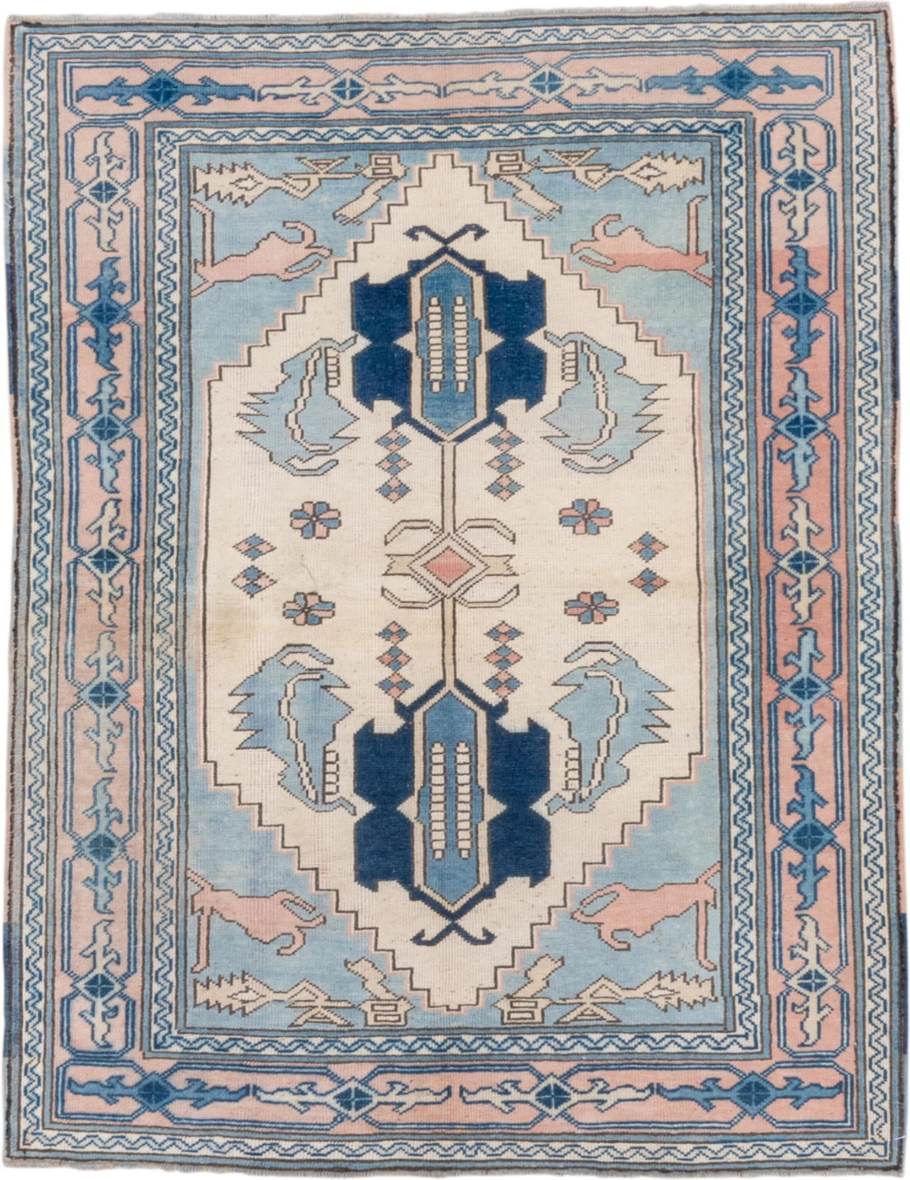 4' x 5' one-of-a-kind handmade vintage Oushak small size rug. Color palette: ivory, sky blue, blush, navy, taupe, light blue