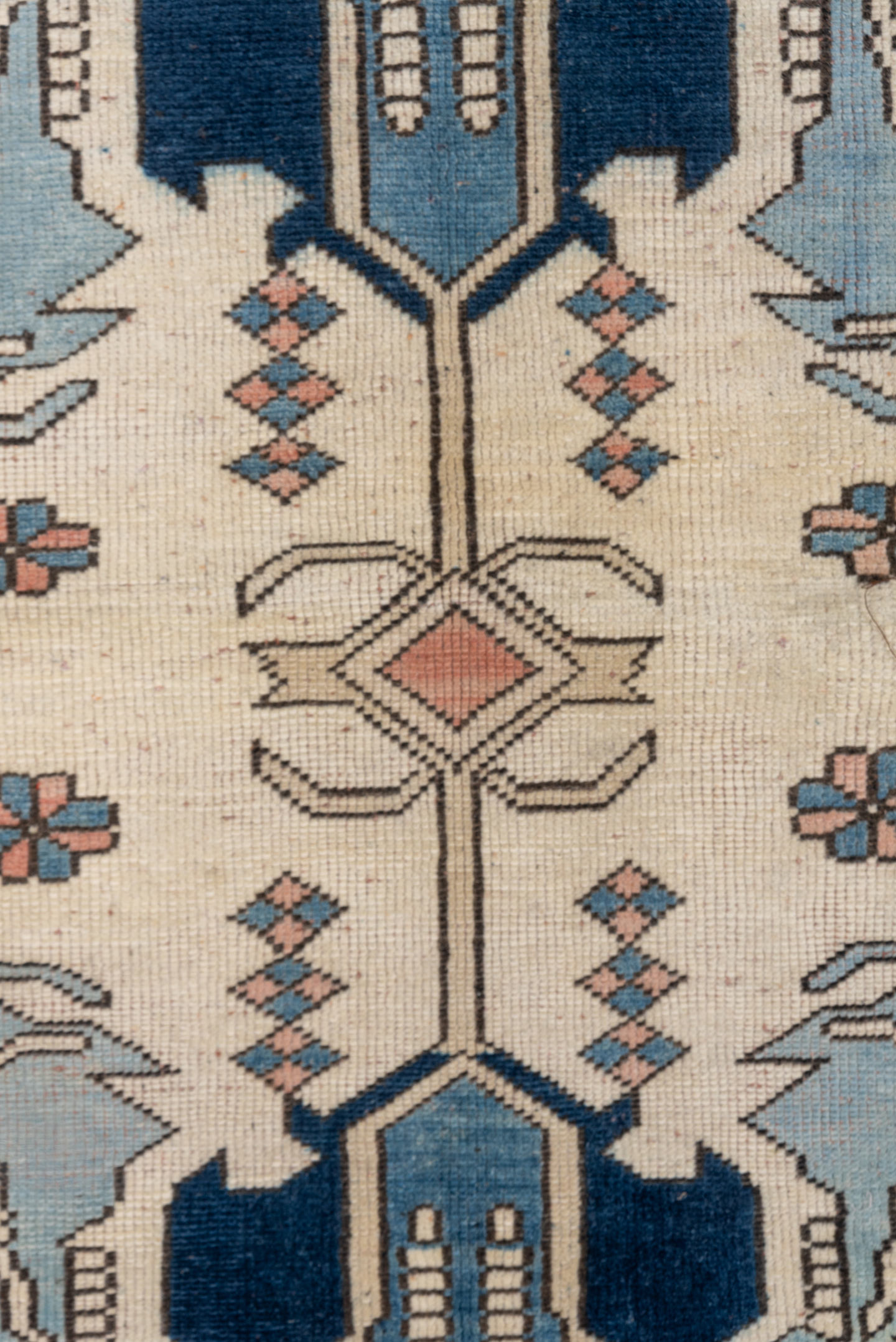 4' x 5' one-of-a-kind handmade vintage Oushak small size rug. Color palette: ivory, sky blue, blush, navy, taupe, light blue