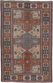2' x 4' one-of-a-kind handmade vintage Oushak small size rug. Color palette: ivory, rust, blue-gray, slate, taupe