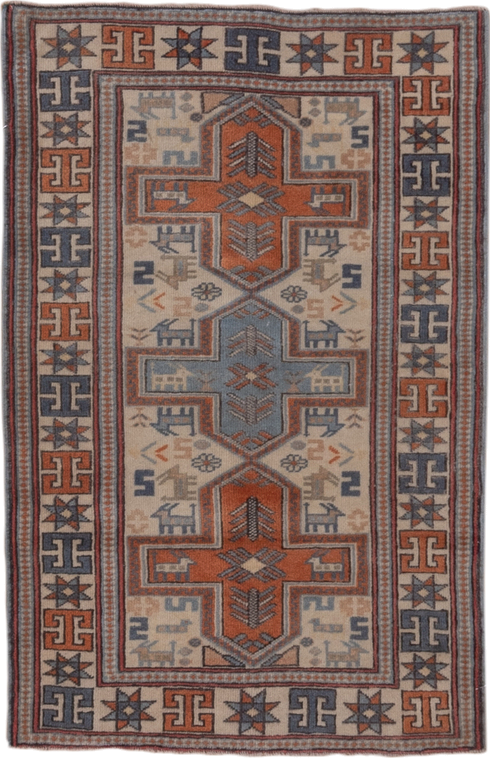2' x 4' one-of-a-kind handmade vintage Oushak small size rug. Color palette: ivory, rust, blue-gray, slate, taupe
