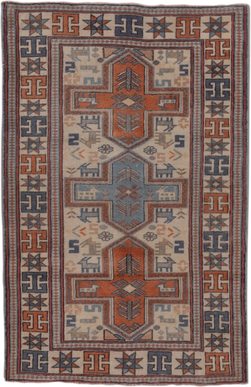 2' x 4' one-of-a-kind handmade vintage Oushak small size rug. Color palette: ivory, rust, blue-gray, slate, taupe