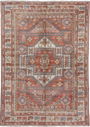 5' x 8' one-of-a-kind handmade vintage Oushak medium size rug. Color palette: terra cotta, ivory, dusty blue, rust, taupe