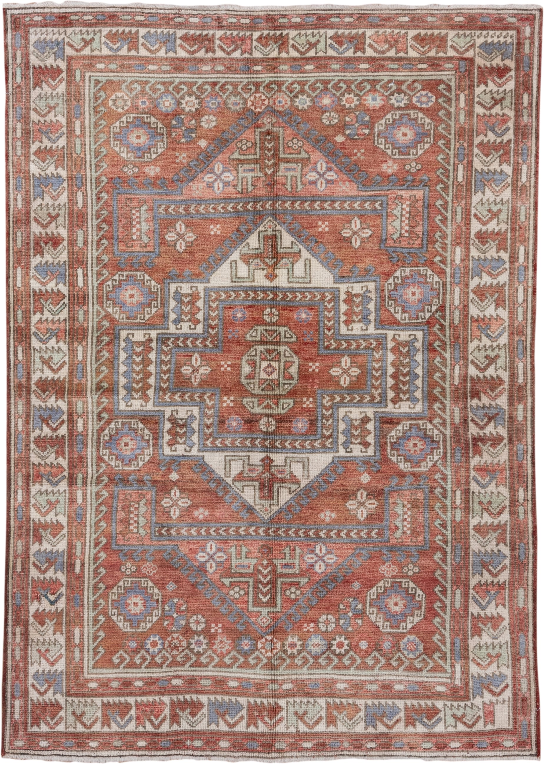 5' x 8' one-of-a-kind handmade vintage Oushak medium size rug. Color palette: terra cotta, ivory, dusty blue, rust, taupe