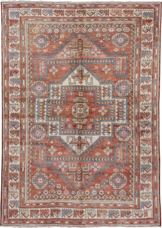 5' x 8' one-of-a-kind handmade vintage Oushak medium size rug. Color palette: terra cotta, ivory, dusty blue, rust, taupe