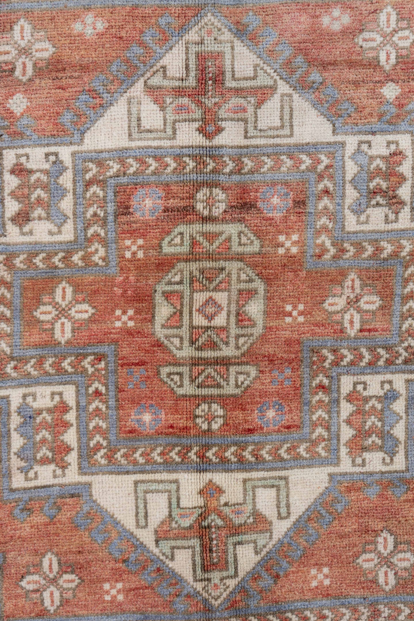 5' x 8' one-of-a-kind handmade vintage Oushak medium size rug. Color palette: terra cotta, ivory, dusty blue, rust, taupe