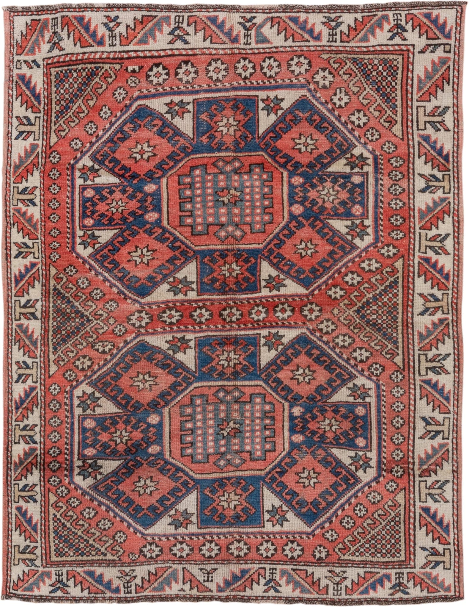4' x 6' one-of-a-kind handmade vintage Oushak small size rug. Color palette: ivory, coral, navy, rust, charcoal, rose