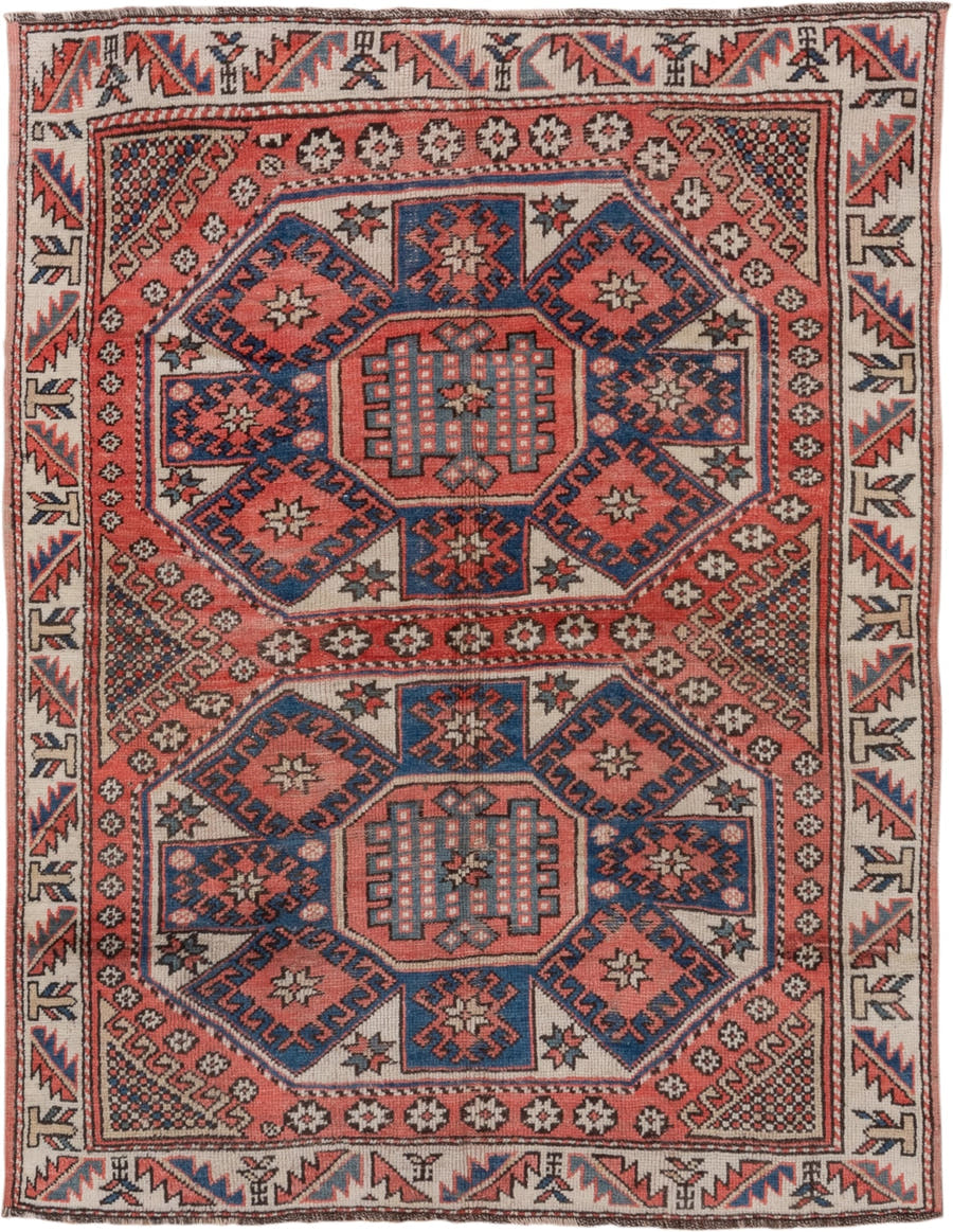 4' x 6' one-of-a-kind handmade vintage Oushak small size rug. Color palette: ivory, coral, navy, rust, charcoal, rose