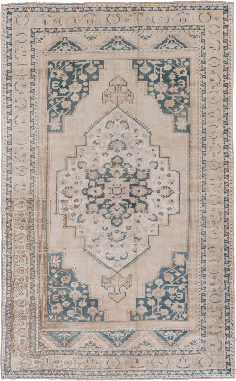 6' x 10' one-of-a-kind handmade vintage Oushak large size rug. Color palette: ivory, blue, beige, taupe, camel, gray