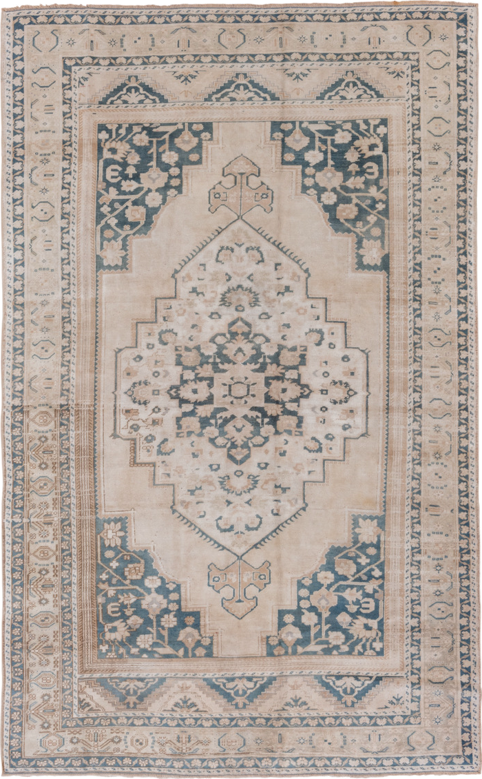 6' x 10' one-of-a-kind handmade vintage Oushak large size rug. Color palette: ivory, blue, beige, taupe, camel, gray