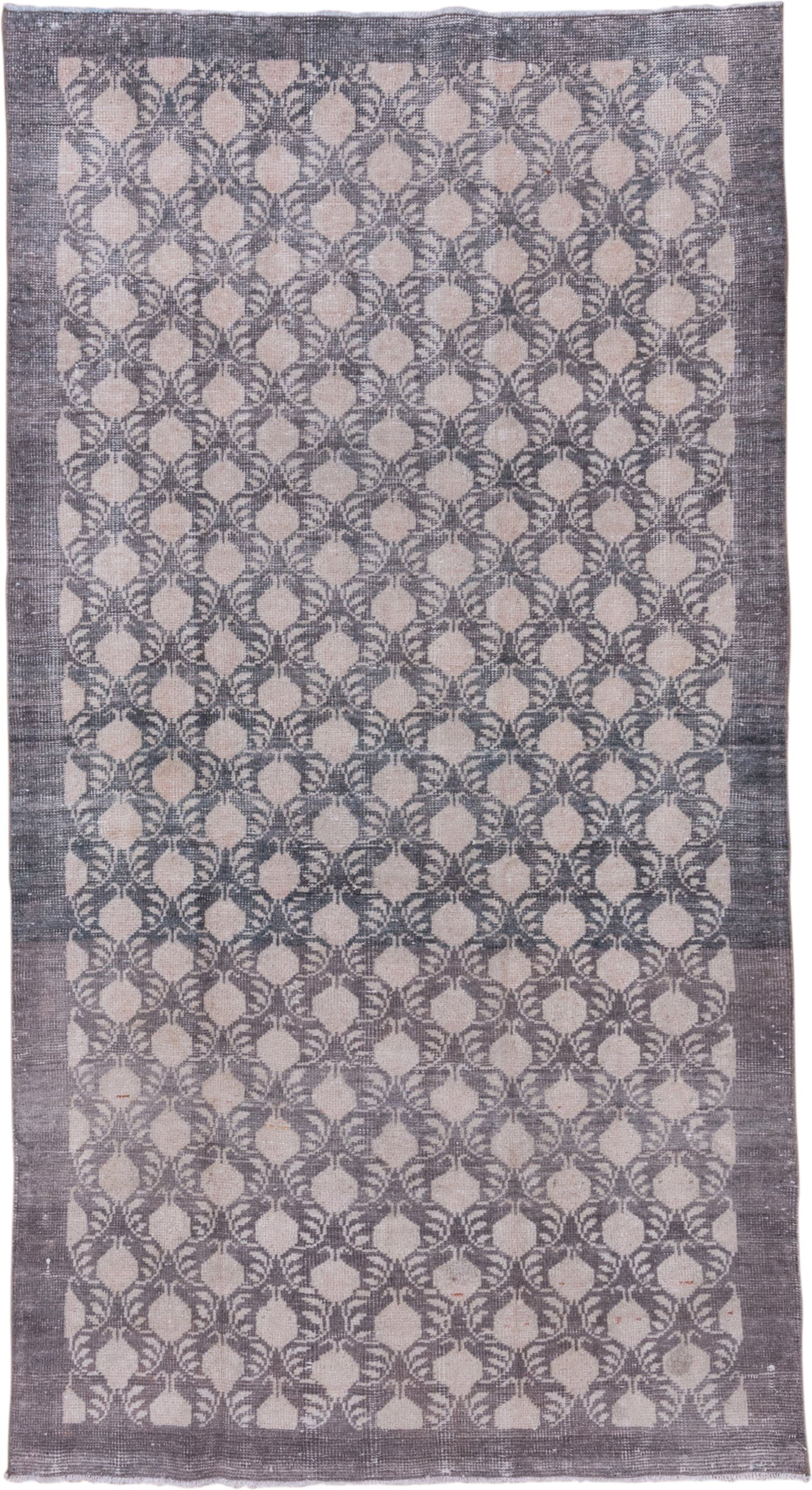 4' x 8' one-of-a-kind handmade vintage Oushak rug. Color palette: gray, ivory, taupe, beige