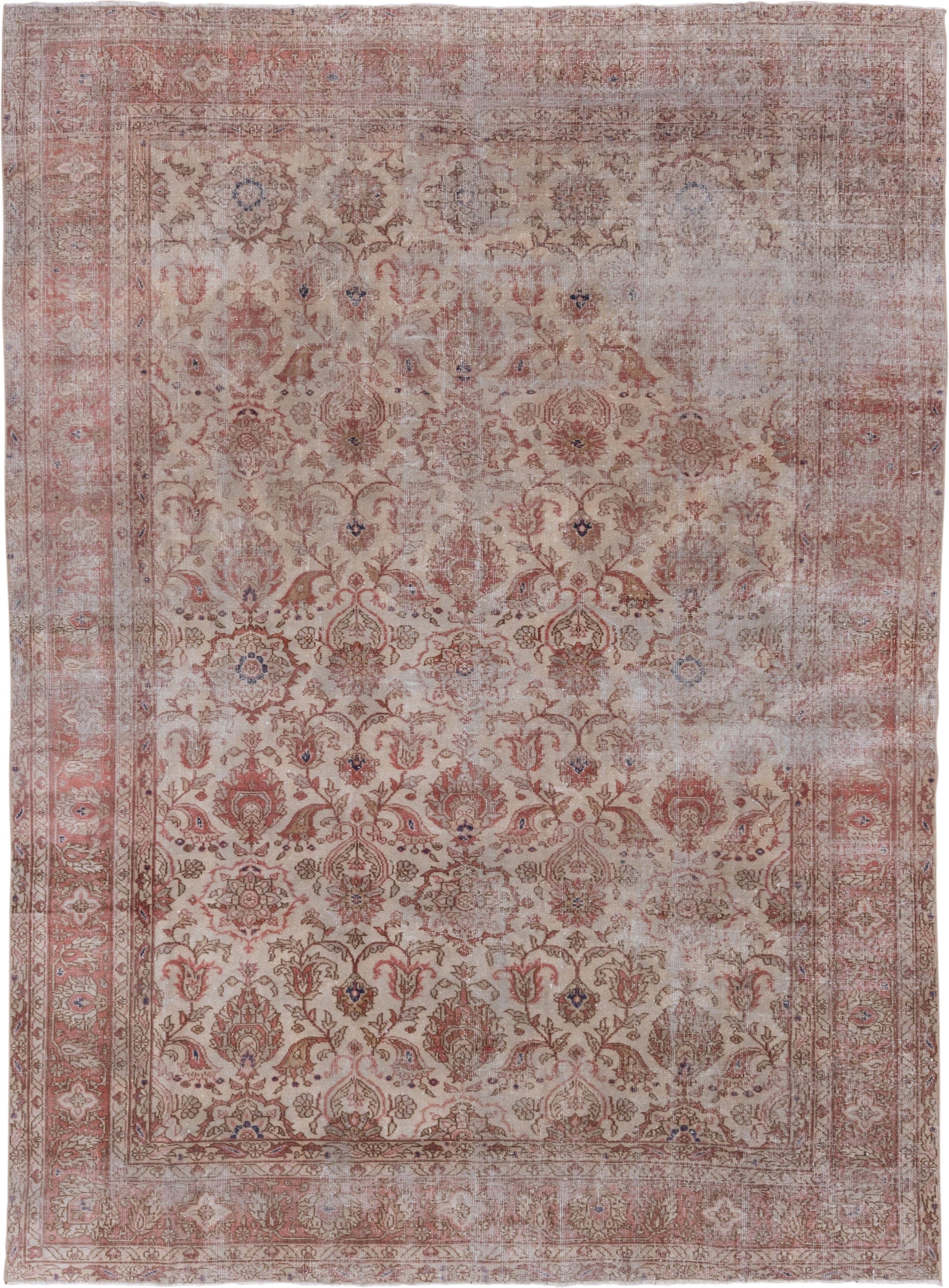 8' x 10' one-of-a-kind handmade vintage Oushak large size rug. Color palette: ivory, rose, blush, taupe, dusty blue, beige