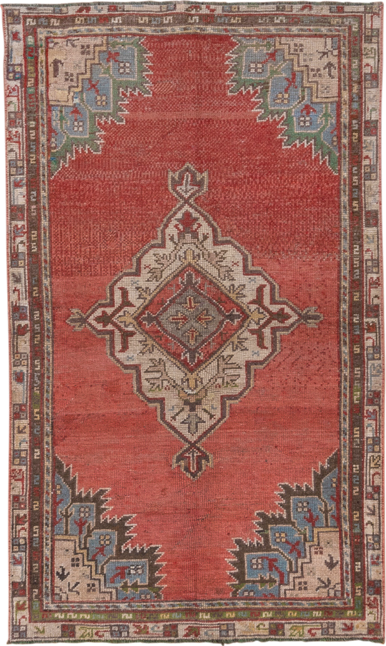 3' x 5' one-of-a-kind handmade vintage Oushak small size rug. Color palette: terra cotta, ivory, slate, rust, olive