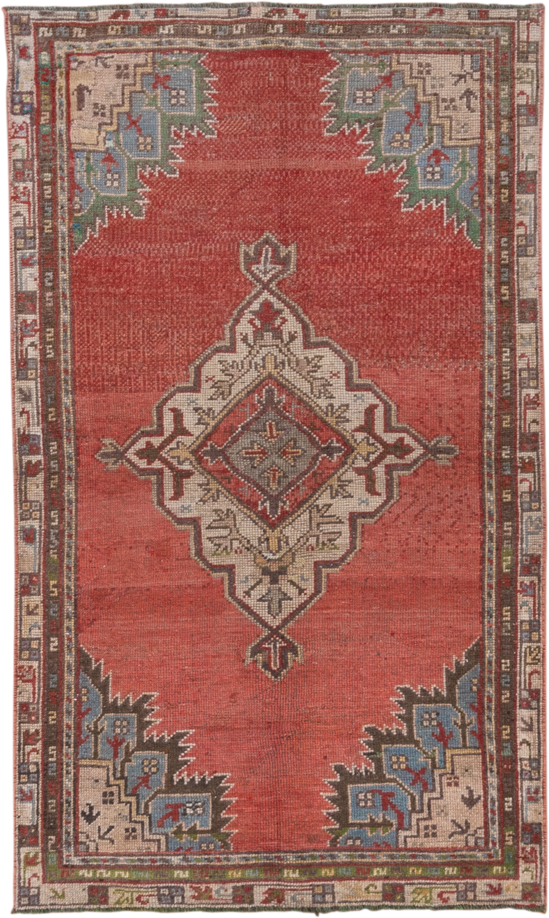 3' x 5' one-of-a-kind handmade vintage Oushak small size rug. Color palette: terra cotta, ivory, slate, rust, olive
