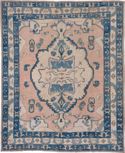10' x 12' one-of-a-kind handmade vintage Oushak large size rug. Color palette: ivory, sky blue, blush, taupe, camel