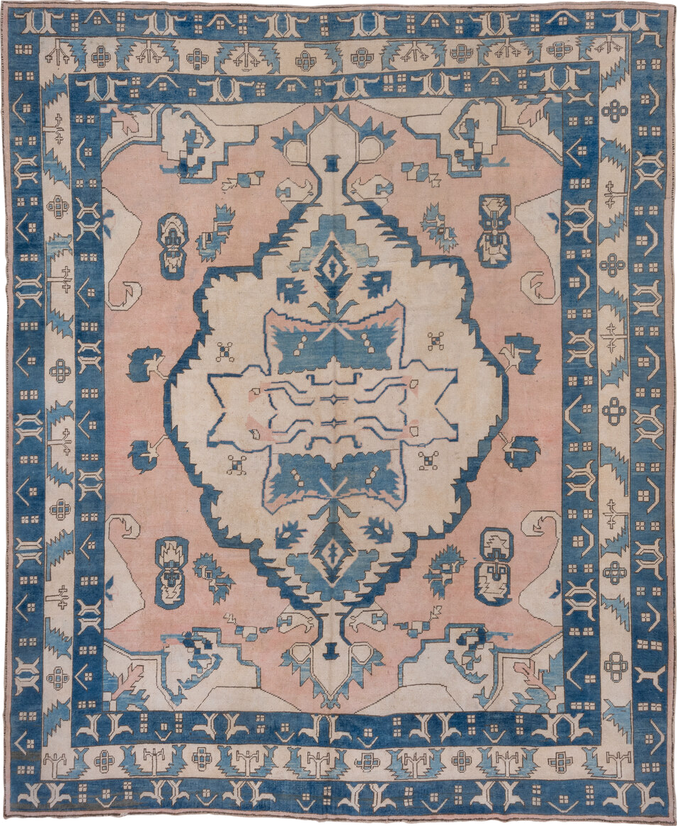 10' x 12' one-of-a-kind handmade vintage Oushak large size rug. Color palette: ivory, sky blue, blush, taupe, camel