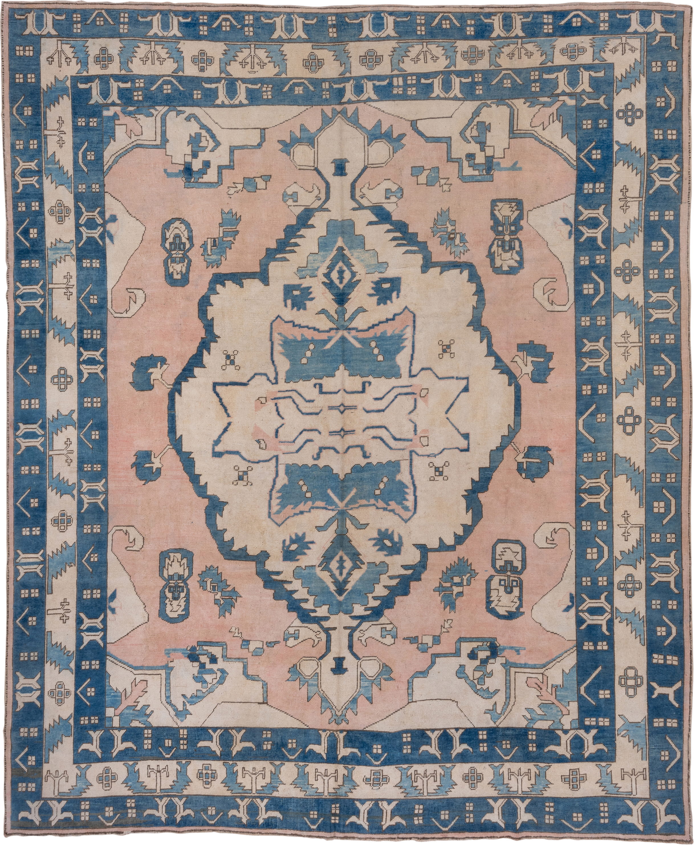 10' x 12' one-of-a-kind handmade vintage Oushak large size rug. Color palette: ivory, sky blue, blush, taupe, camel