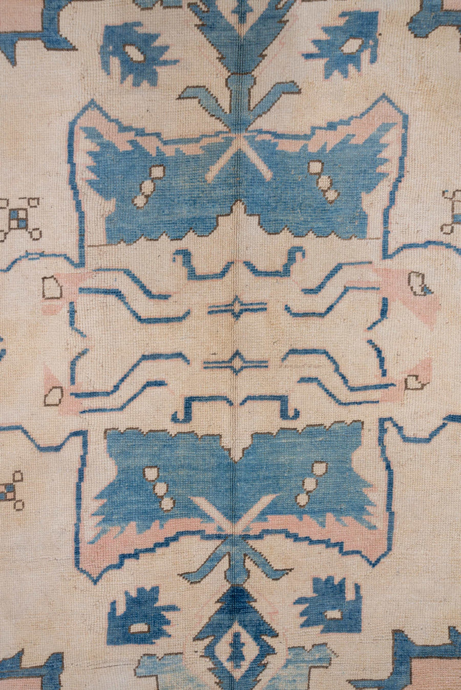 10' x 12' one-of-a-kind handmade vintage Oushak large size rug. Color palette: ivory, sky blue, blush, taupe, camel