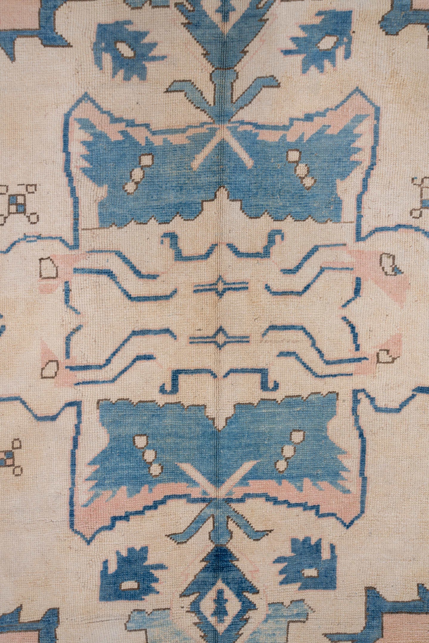 10' x 12' one-of-a-kind handmade vintage Oushak large size rug. Color palette: ivory, sky blue, blush, taupe, camel
