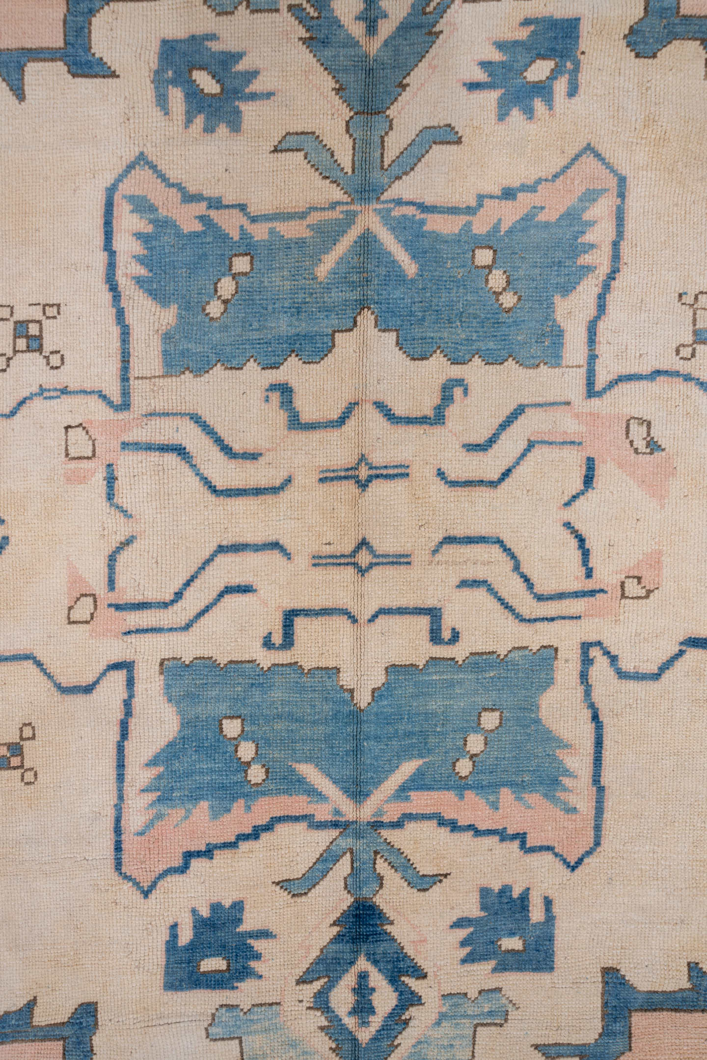 10' x 12' one-of-a-kind handmade vintage Oushak large size rug. Color palette: ivory, sky blue, blush, taupe, camel